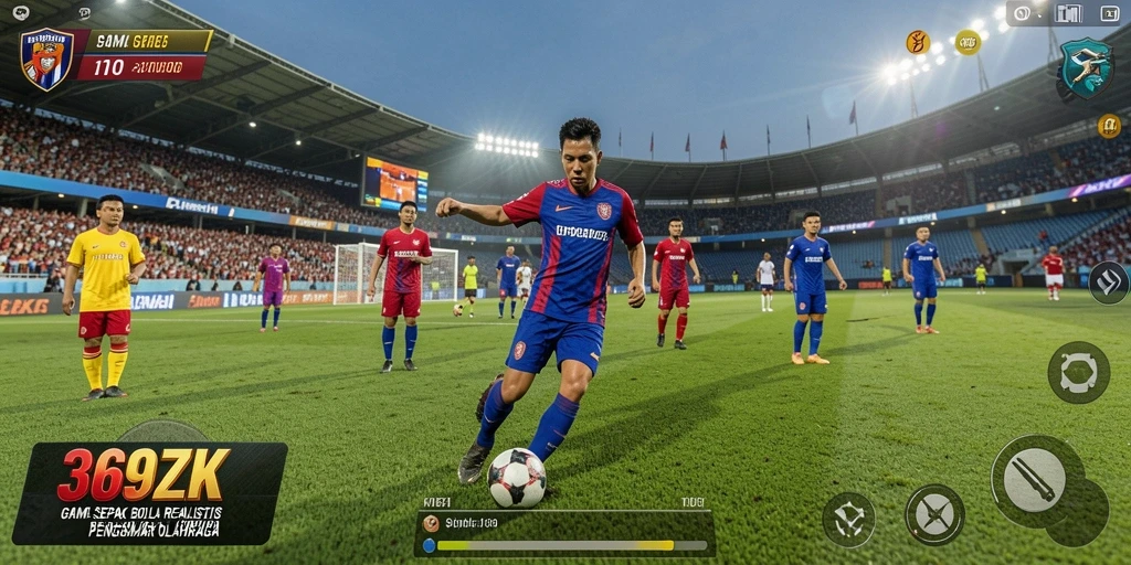 Screenshot gameplay 369ZK menunjukkan aksi seru di lapangan sepak bola.