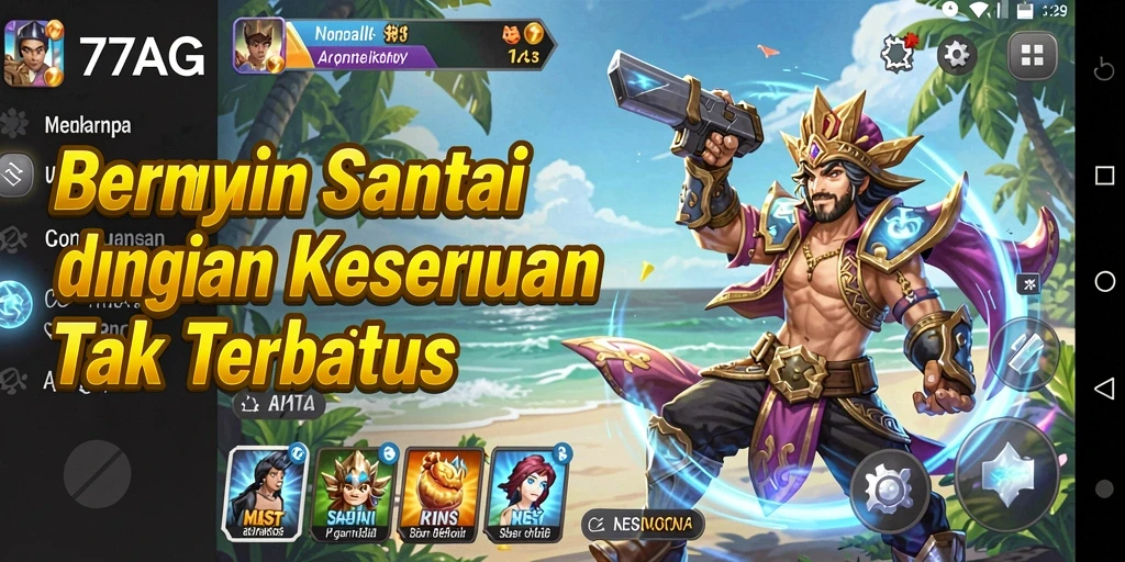 Screenshot utama 77AG menampilkan gameplay penuh warna dan menarik.