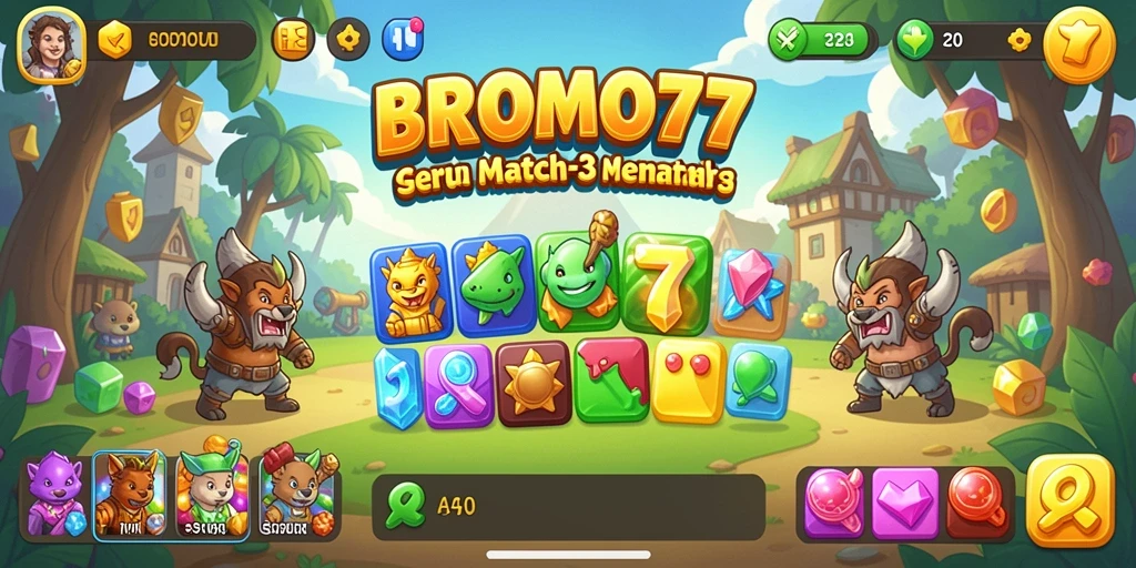 Gameplay seru BROMO77 dengan kombinasi match-3 yang berwarna-warni.