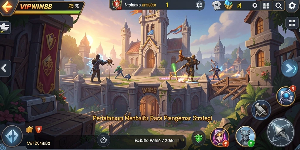Screenshot gameplay VIPWIN88 menampilkan pertarungan menara pertahanan yang intens.